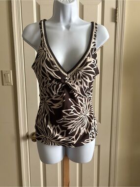 CHRISTINA V-Neck Floral Swim Top in Brown and Cream, Size: 12